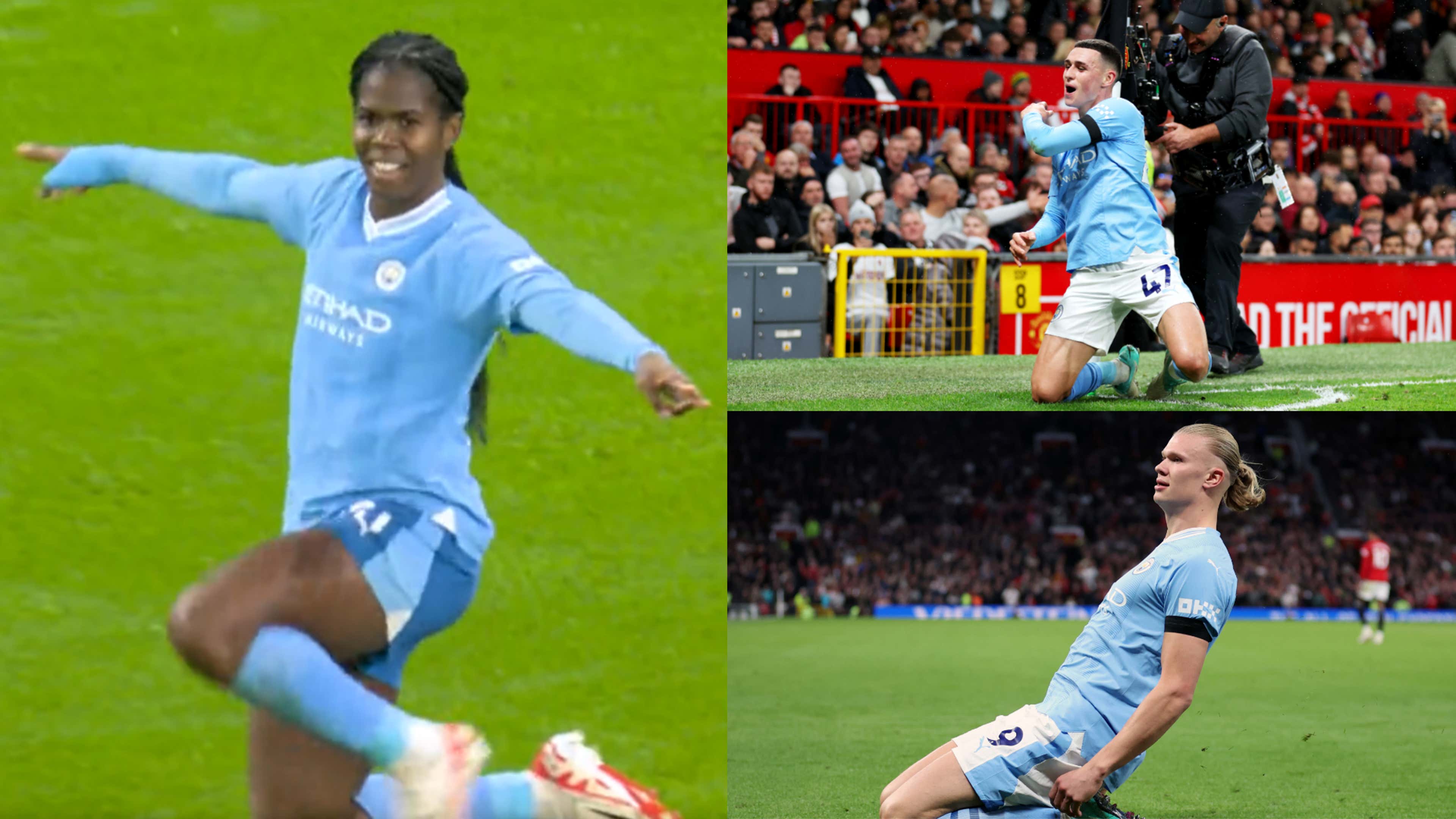 Man City stars Khadija Shaw, Phil Foden and Erling Haaland celebrate against Man Utd